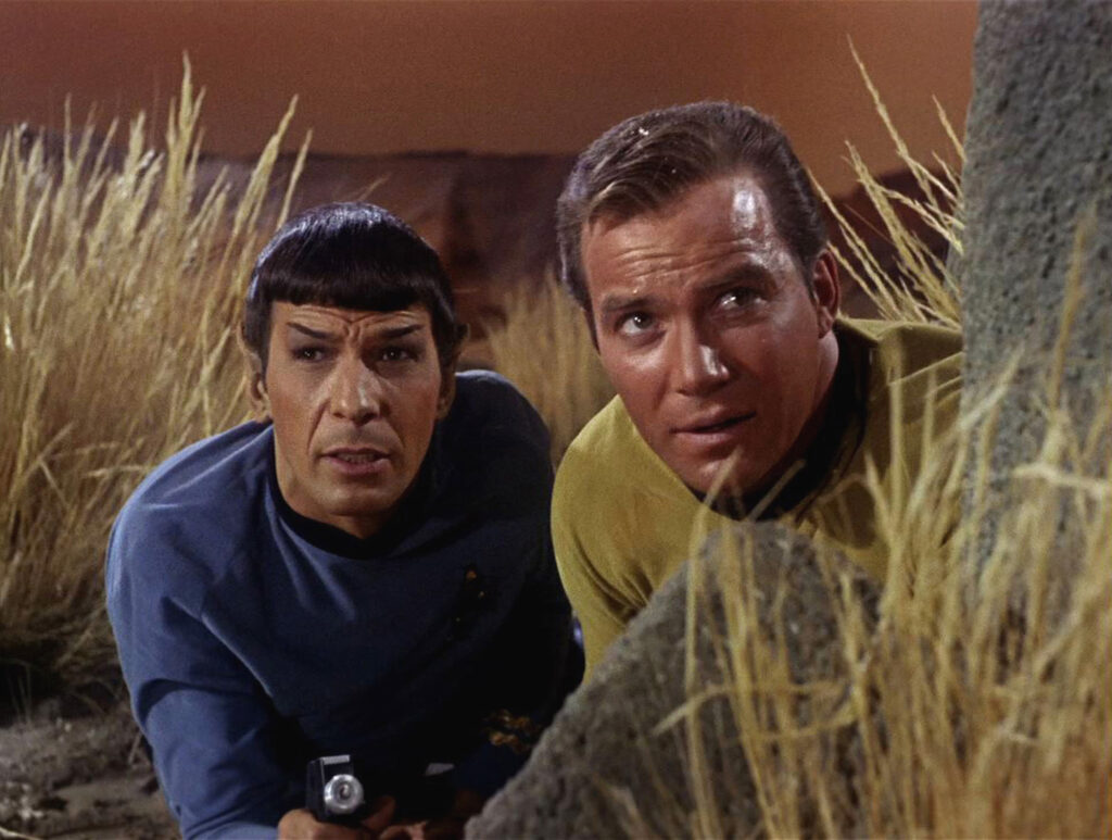 American actor Leonard Nimoy as Mr. Spock and Canadian actor William Shatner as Captain James T. Kirk appear in a scene from 'The Man Trap,' the premiere episode of 'Star Trek,' which aired on September 8, 1966. (Photo by CBS Photo Archive/Getty Images)